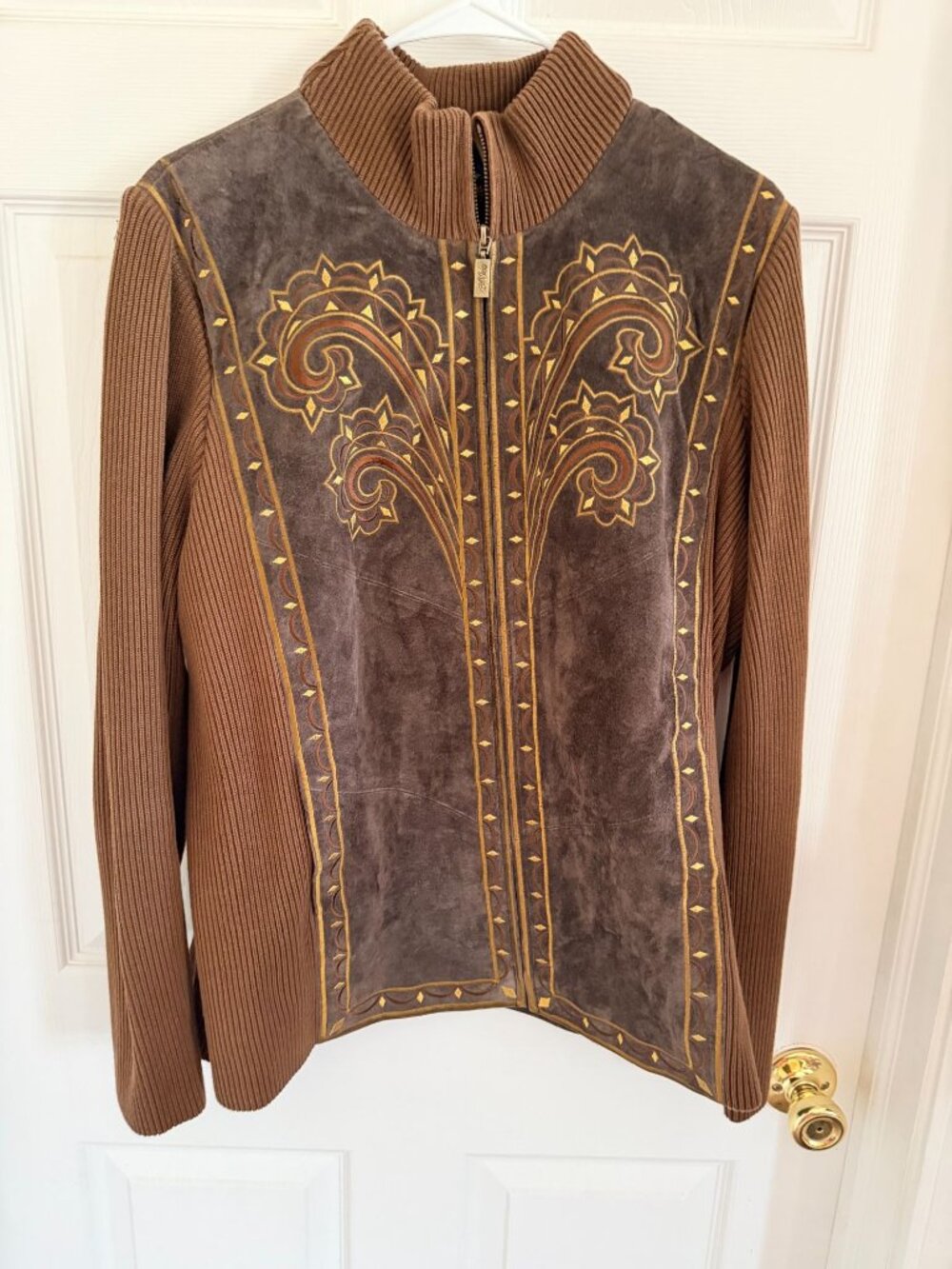 Bob Mackie Womens Brown Faux Suede & Knit Embroidered Jacket Size L